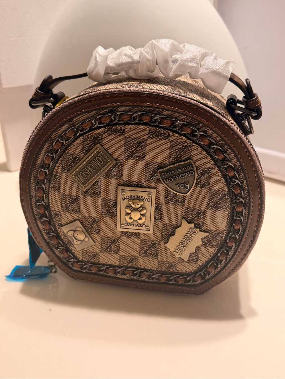 Moschino Beige Check Round Mini Satchel with Plaque Details